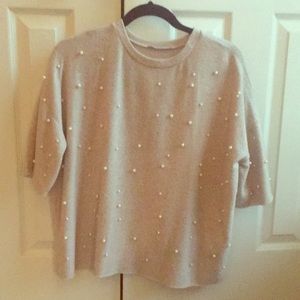 Zara loos beg color top with pearl